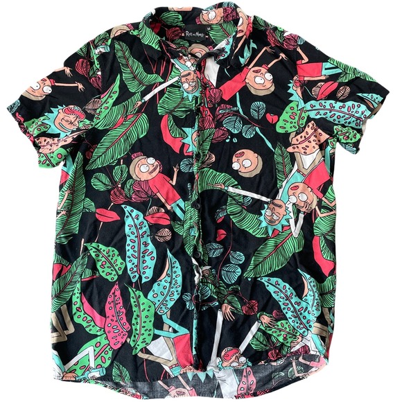 Rick and Morty Button Down Shirt Mens M Black Tropical Hawaiian Cartoon Casual - Picture 1 of 9